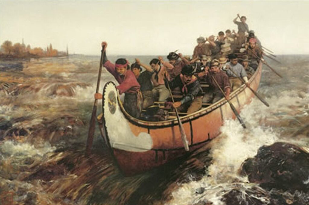 A detailed painting of a large crew of paddlers shooting the rapids in a birchbark canoe