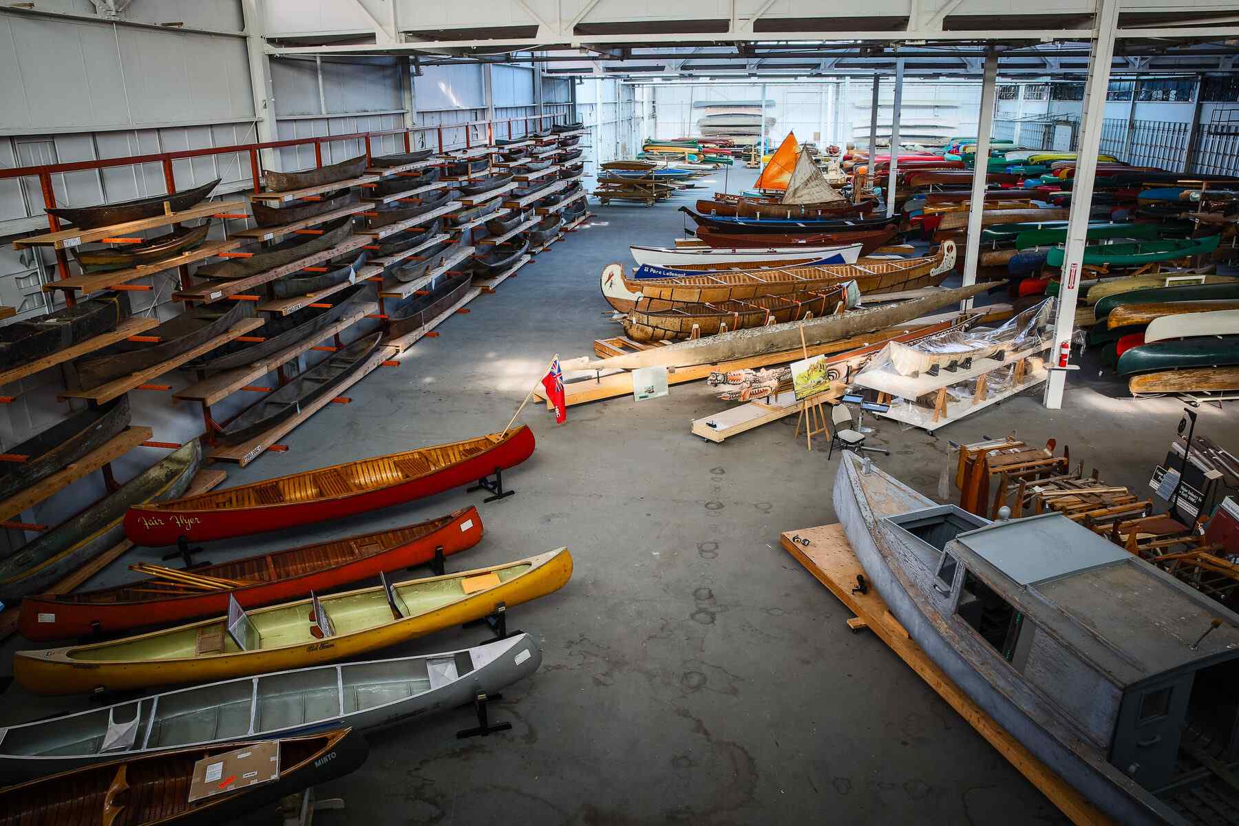 Aerial view of large canoe storage building