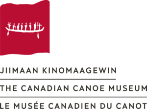 The Canadian Canoe Museum's new logo formatted vertically. On the left, the pictograph is centred on a red rock face and below it, "The Canadian Canoe Museum" appears in three languages, Anishnaabemowin, English, and French.
