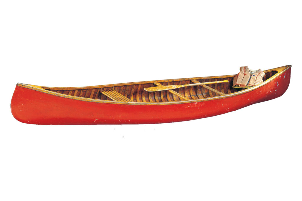 Bill Mason's red Prospector canoe, paddle, and personal floating device.