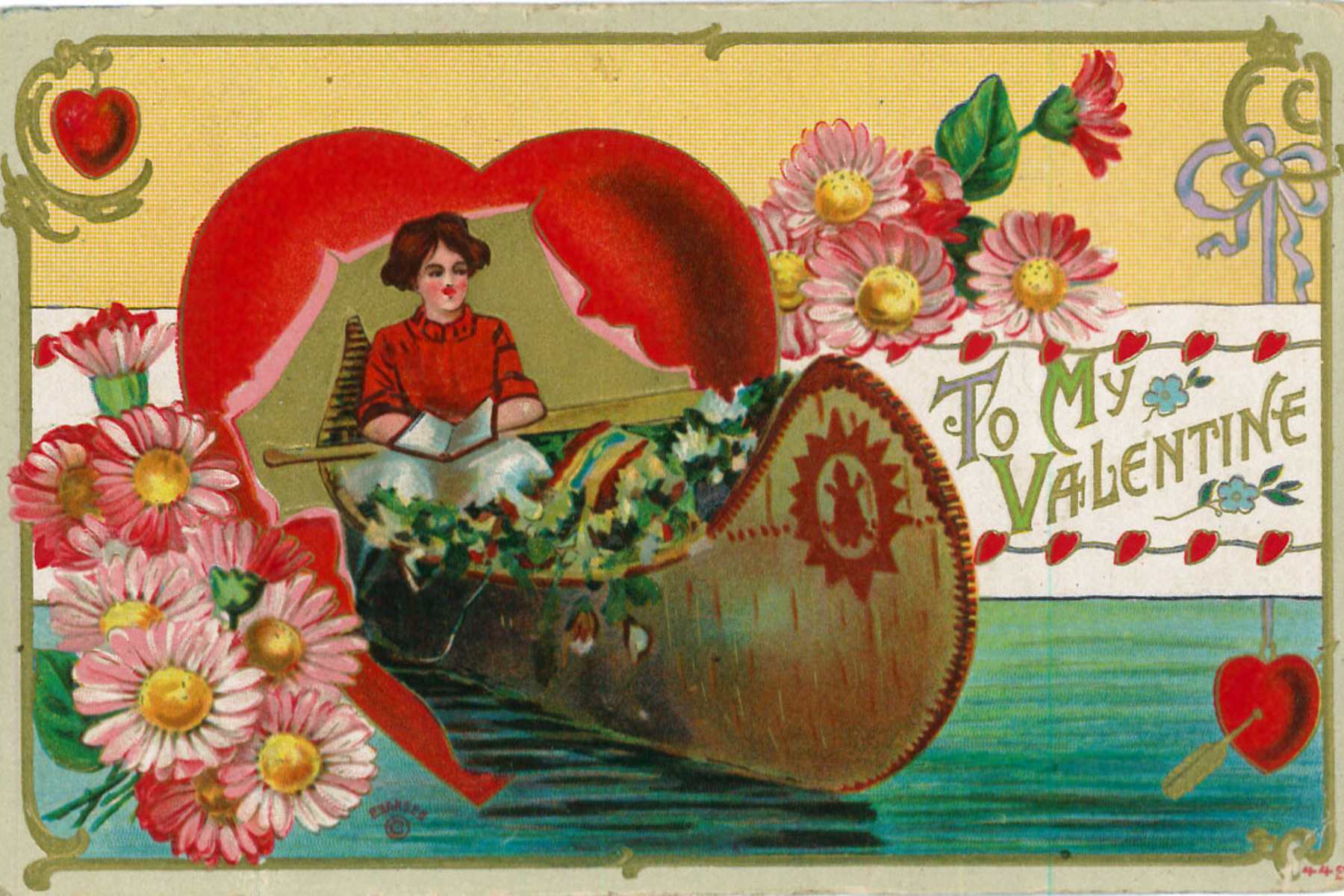 Valentine's postcard with woman paddling a birchbark canoe with a heart behind her