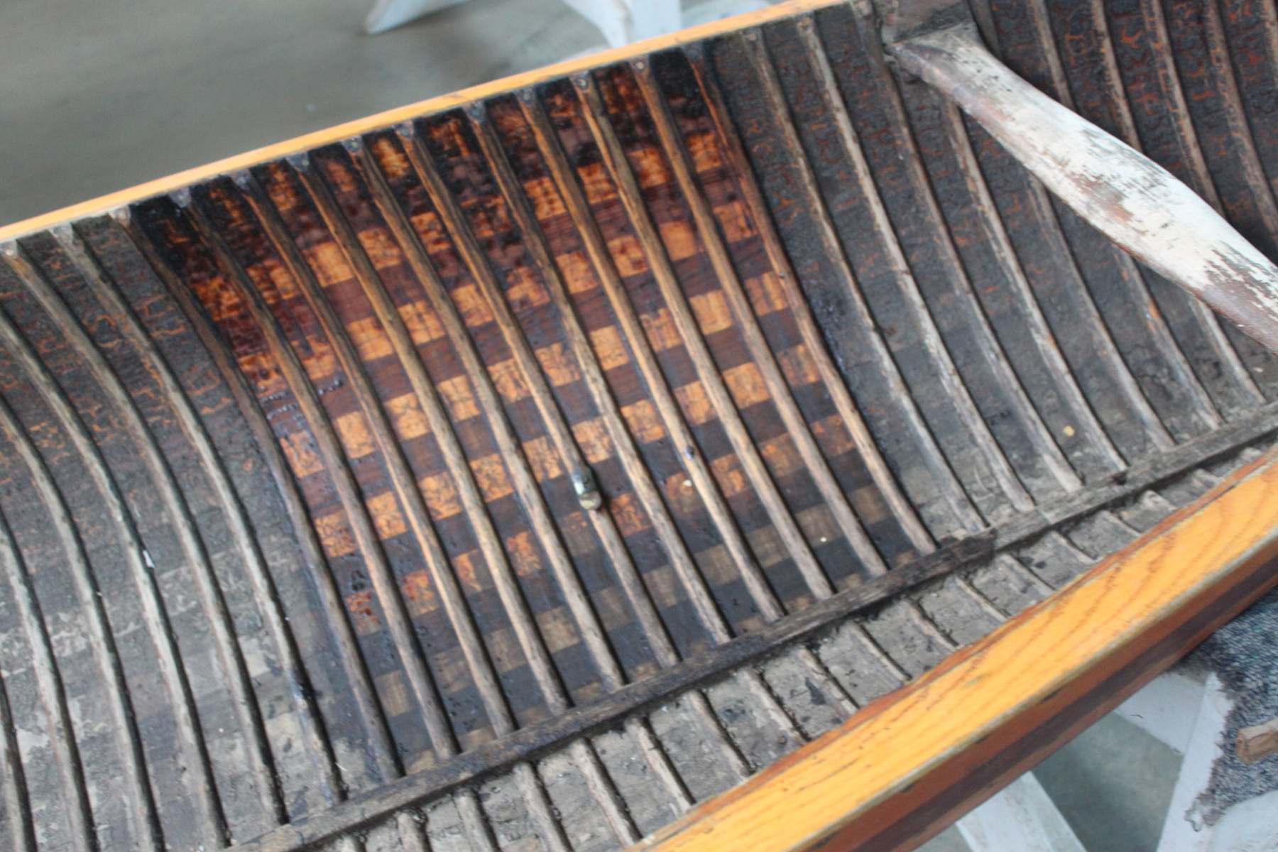 The ribs of the inside of a wooden canoe