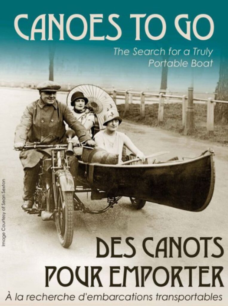 Antique graphic of a man riding a motorcycle with a canoe used as a sidecar, carrying two female passengers