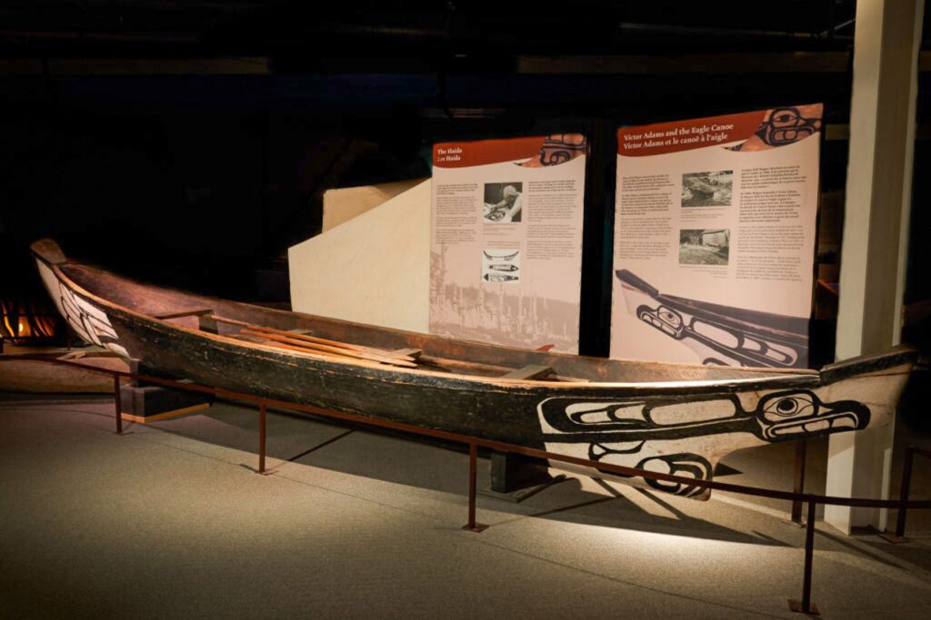 The Eagle Canoe displayed in a gallery at the Canadian Canoe Museum.
