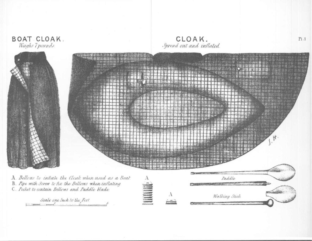 Detailed black and white sketch of a boat cloak