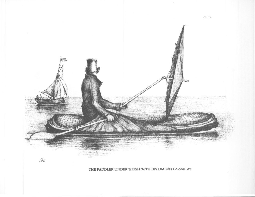 Detailed black and white sketch of a paddler using an umbrella as a sail