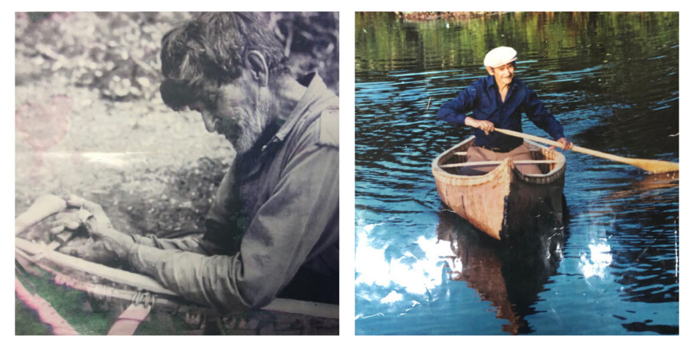 Two images side by side. Left picture of Charlie Ajawajawesi (Smith) working on a canoe; right image of Uncle Basil Smith paddling one of his canoes