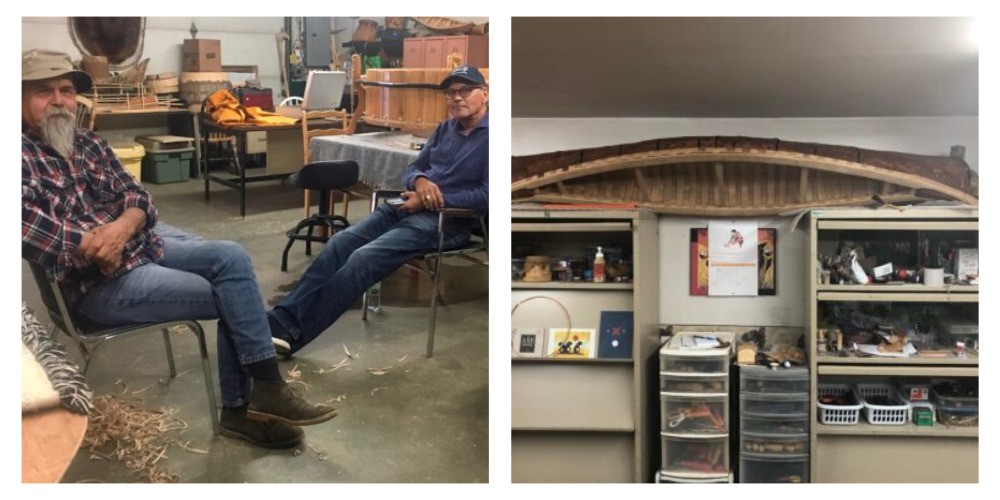 Two images shown. Left image of Robin Binèsi Cavanagh and Pinock Smith sitting in a workshop with a large water drum in the background; right image is canoe hanging in a workshop.