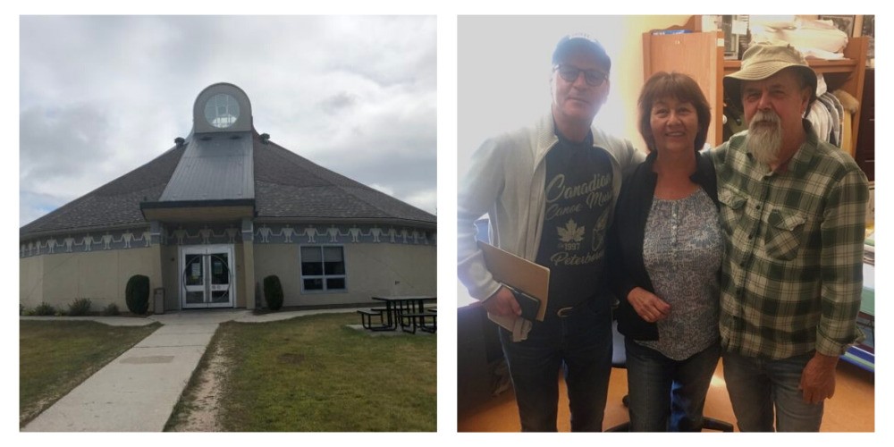 Two images showing. Left image is exterior of a centre designed by Douglas Cardinal; right image is shows two men and a woman posing for a photo