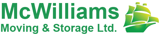McWilliam's Moving & Storage Ltd. logo in green, featuring a clip-art representation of the Mayflower in a green and yellow gradient.