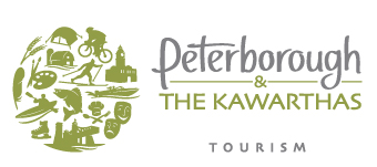 Peterborough & The Kawartha's Tourism logo in grey and green. The logo is made up of green clip art depicting landmarks, sports, arts and culture activities in a circle.