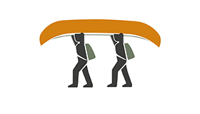 A graphic depicting two people wearing packs portaging a yellow canoe.