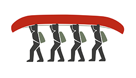 A graphic depicting four people wearing packs portaging a red canoe.
