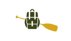 A graphic depicting a yellow paddle laying behind a green pack.