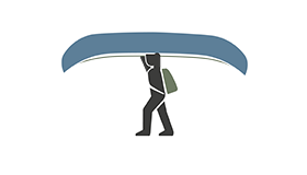A graphic depicting a person wearing a pack portaging a blue canoe.