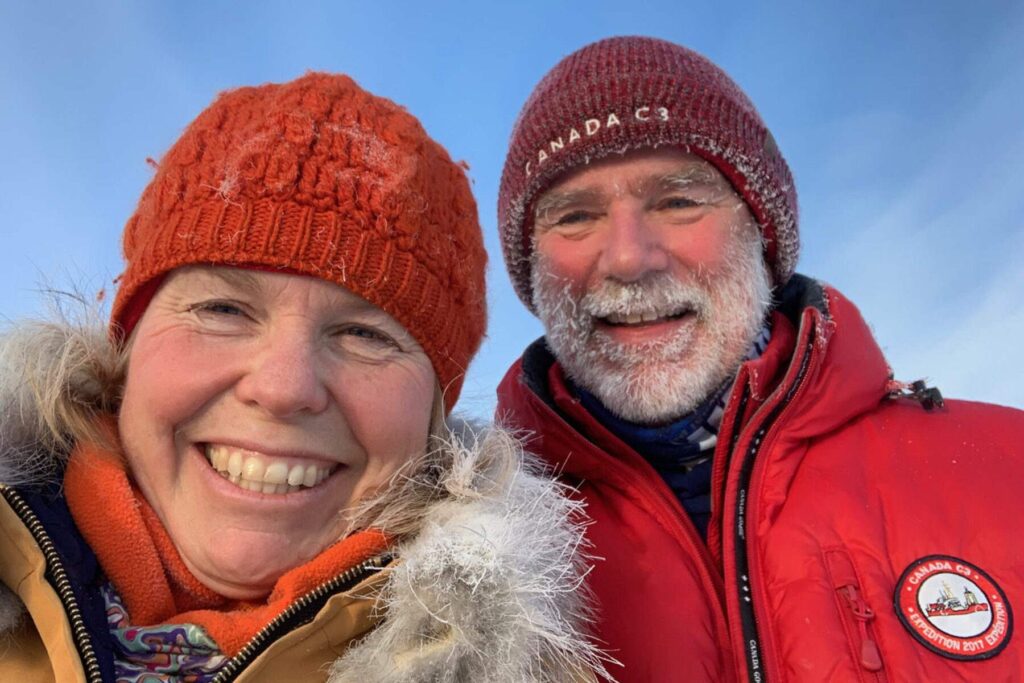 Mindy Willett and James Raffan on the ice of Great Slave Lake in pre-pandemic times.