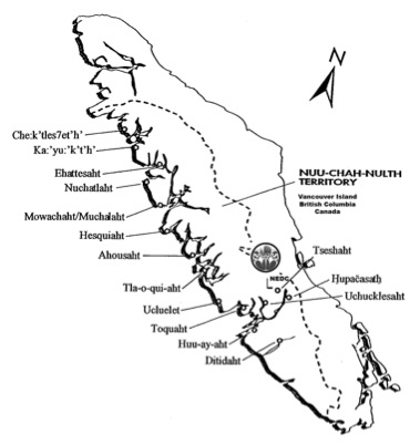 Simple black and white graphic of the Nuu-chah-nulth Territory map.