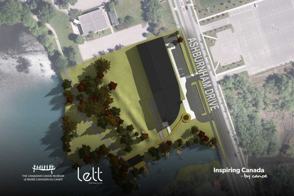 Conceptual aerial rendering of the Canadian Canoe Museum.