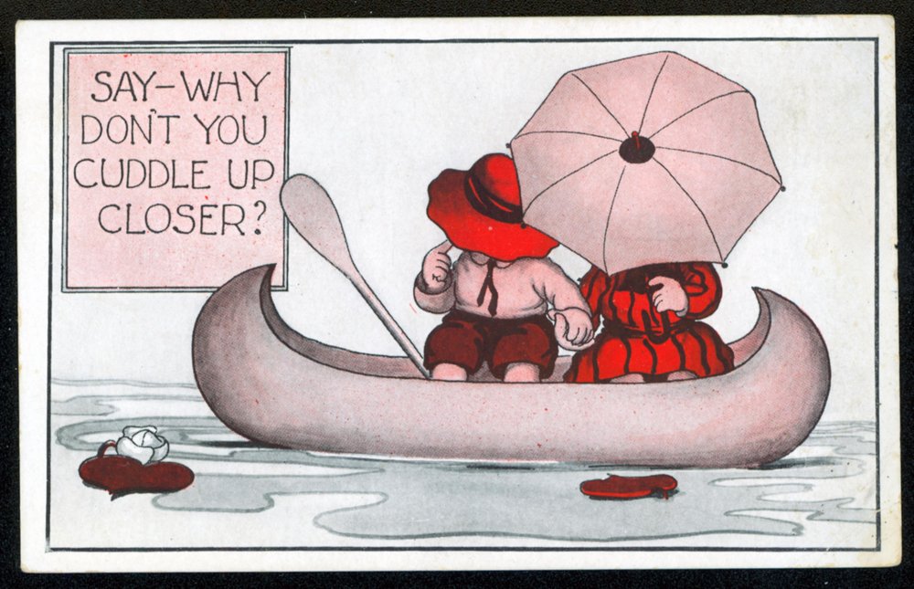 Postcard of a red, pink and grey sketch. Two children sit on the edge of a canoe and hold hands; one wears a red dress and holds a pink umbrella while the other, in a red sunhat, holds a finger up as if pondering.