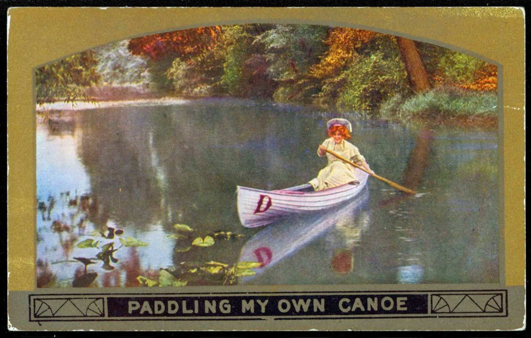 Postcard of a painting. A woman in a white sunhat and yellow dress paddlers her white canoe through calm waters during a fall day.