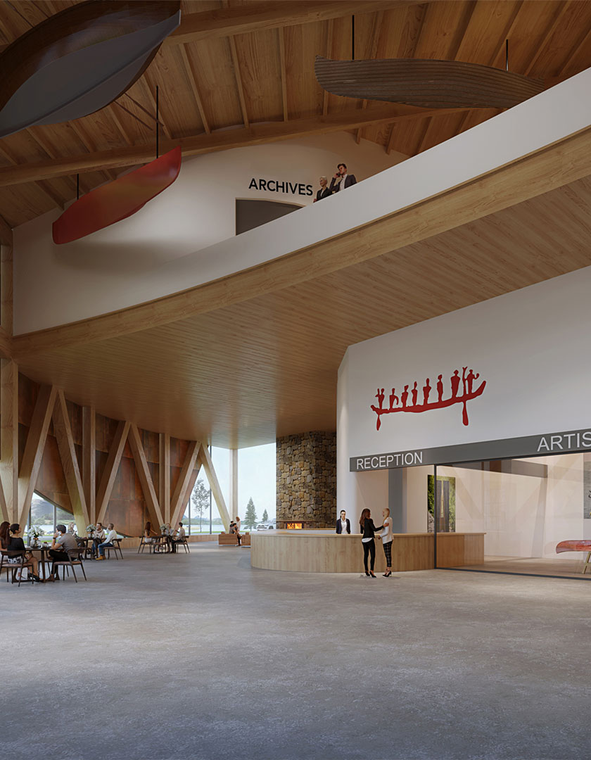 A conceptual rendering of The Canadian Canoe Museum's Atrium. The Atrium is full of school children, visitors at the front desk, a volunteer working on a canoe in the artisan studio, and visitors enjoying the cafe.