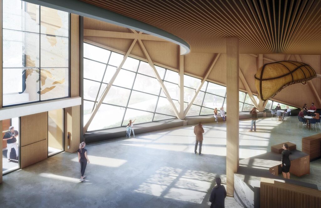 A conceptual rendering of The Canadian Canoe Museum's Atrium. The bright, warm, and welcoming space has families, and visitors exploring the first floor of the Museum and enjoying the cafe.