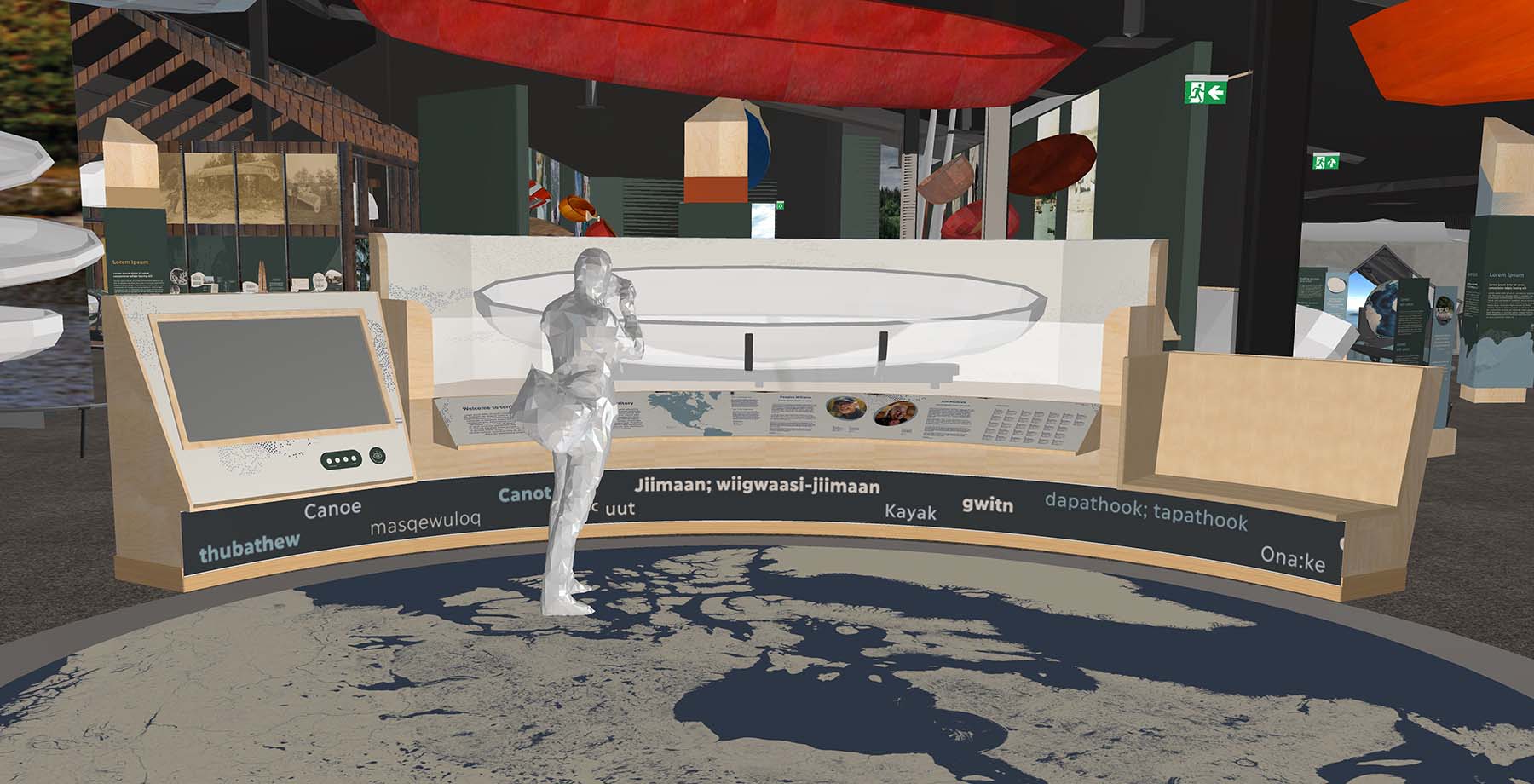 A conceptual rendering of exhibits in the Headwaters exhibit with multiple languages featured.