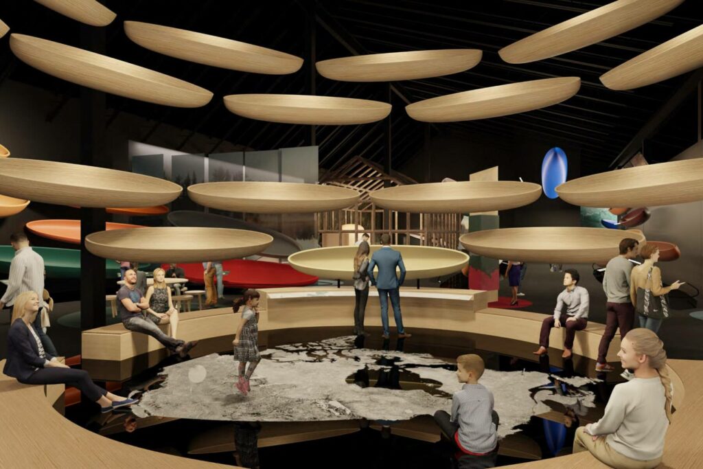 A concept render of the Headwaters exhibit. Visitors stand and sit amidst a swirl of canoes around circular benches. On the floor is a hydrological map of Canada.