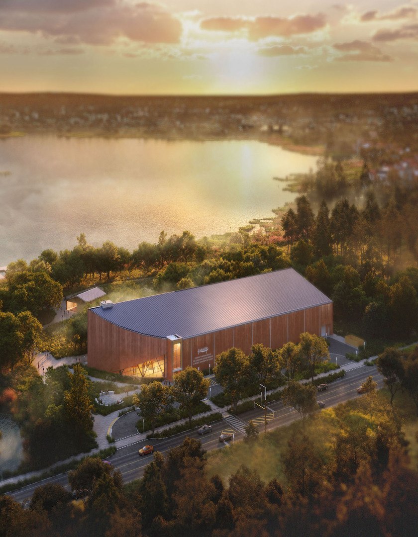 An aerial concept render of the new museum along Ashburnham Drive, with Little Lake in the background.