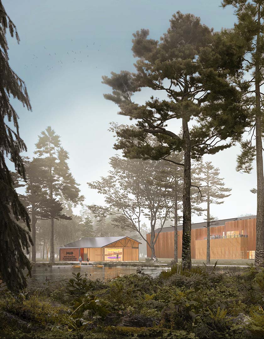 A conceptual render of the Lang Lakefront Campus, looking west. Visitors walk along the Trans Canada Trail, boardwalk and docks along the shore of Little Lake, surrounded by trees.