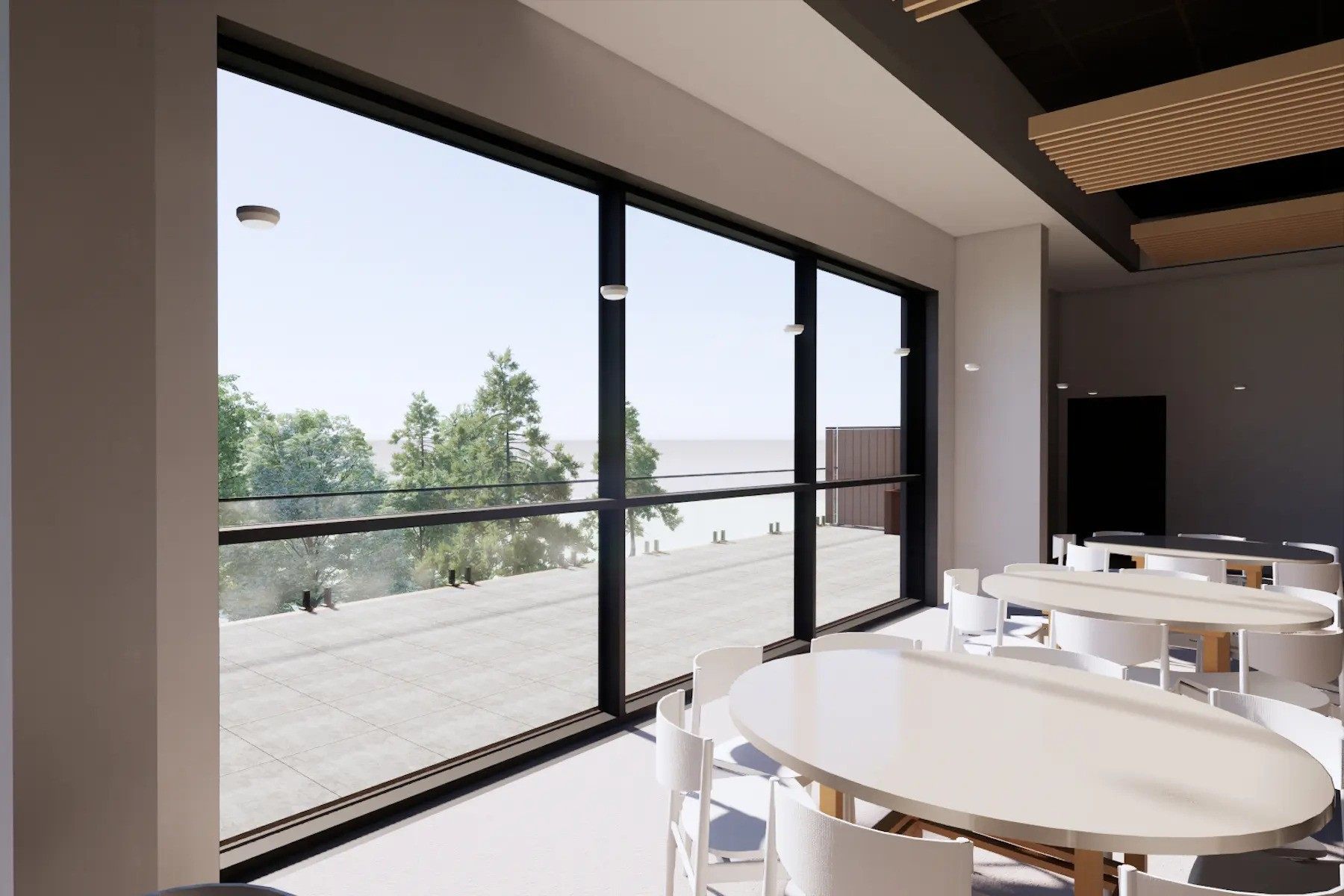 A render of the Multipurpose Event Room and Upper Terrace. Round tables and chairs line the room, which features an expansive window and door to the Upper Terrace with west-facing views of Little Lake and the Lakefront Campus.