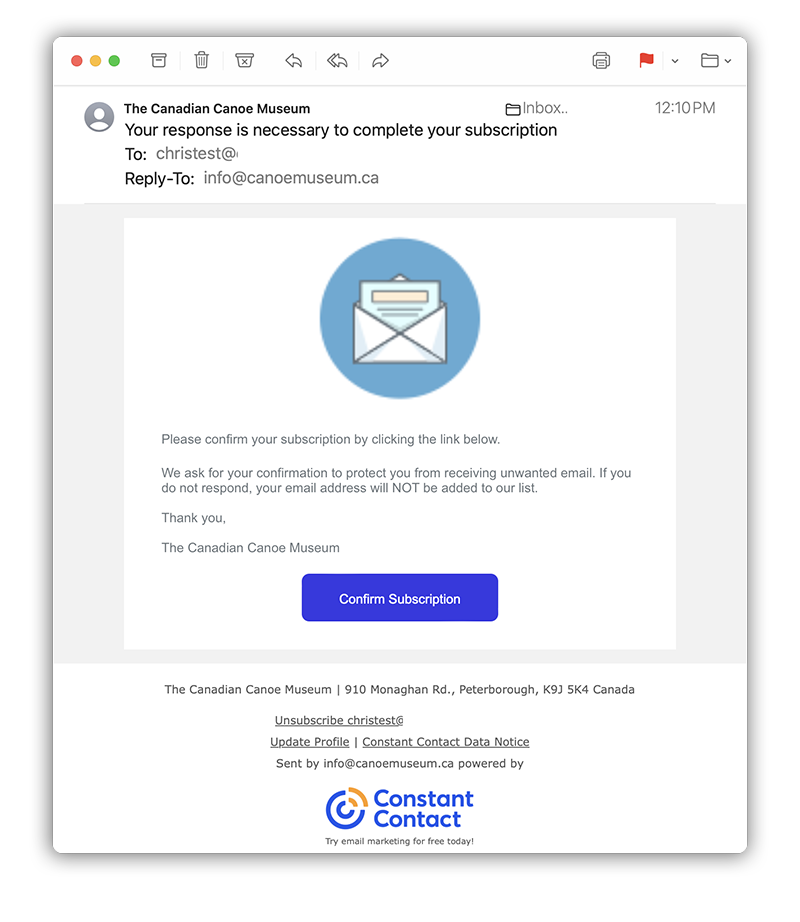 Sample email confirmation from Constant Contact