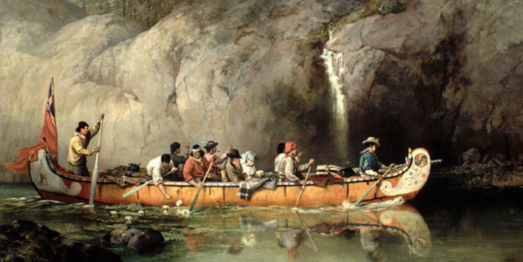 A detailed sketch of paddlers in a large birchbark canoe passing by a cliff and small waterfall