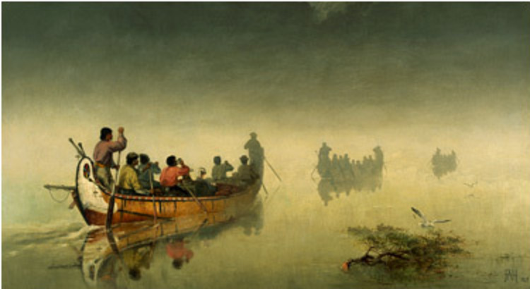 A painting of three large birchbark canoes moving through a foggy Lake Superior at dusk