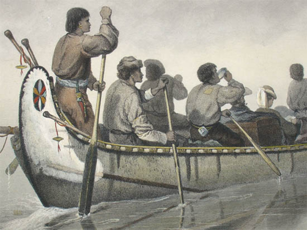 A painting of a several paddlers navigating a birchbark canoe in calm waters