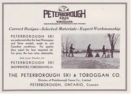 Old advertisement from Peterborough Skis, a division of Peterborough Canoe Co., advertising skis and toboggans