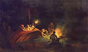 A painting of people gathering at night to repair a canoe by the light of a campfire